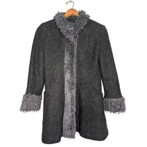 Penny Lane Hooded Coat Women Medium Wool Blend Faux Fur Trim Boho Minimal Cozy